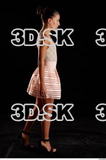 Walking reference of whole body white dress pink skirt black…